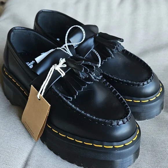 Dr Martens Adrian Quad Platform Tassel Loafers Black Leather- Unisex M6, W7 - Picture 2 of 10